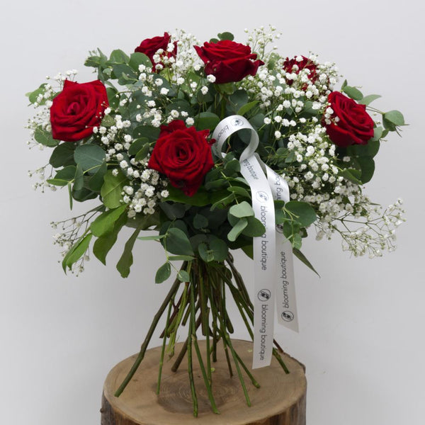 Stunning Six Red Roses Valentine's Bouquet with White Gypsophila. Gorgeous Valentine's Flowers are the Best Gift. We Deliver Flowers Throughout Dublin and Ireland. Please Place Your Order by 1 pm for Same Day Flower Delivery in Dublin or Next Day Flowers Delivery Ireland. Valentine's Flower Delivery Dublin