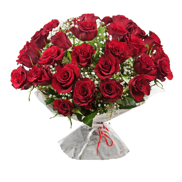 Flower Bouquet of Red Roses. Medium size includes 12 red roses, with white Gypsophila and fresh foliage. Large size includes 24 red roses, with white Gypsophila and fresh foliage. Same Day Flower Delivery Dublin or Next Day Flowers Delivery Ireland