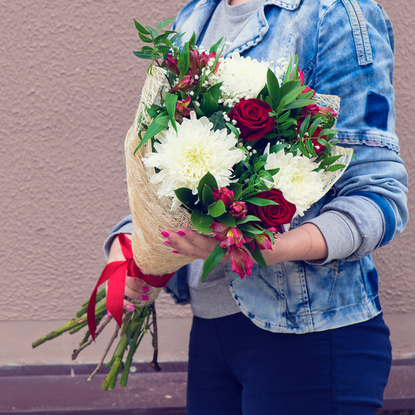 Red Roses, Gypsophila, white Chrysanthemums, and Alstroemeria with finishing touch of fresh foliage Flower Bouquet. Colours in the bunch may vary due to seasonal supply reasons. Please place your order by 1 pm for Same Day Flower Delivery Dublin or Next Day Flowers Delivery Ireland