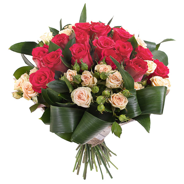 rose bouquet full of large red roses and soft pink spray roses, with finishing touch of fresh foliage. Please place your order by 1 pm for Same Day Flower Delivery Dublin or Next Day Flowers Delivery Ireland