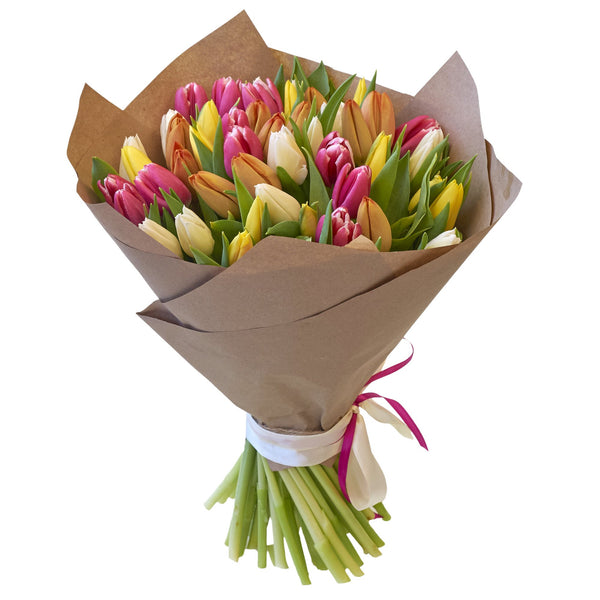 The Mix of Tulips Flower Bouquet pictured is an extra large size. Due to seasonal and other supply reasons, the colours of the tulips in our Mix Tulip Bouquet are variable. Please place your order by 1 pm for Same Day Flower Delivery Dublin or Next Day Flowers Delivery Ireland