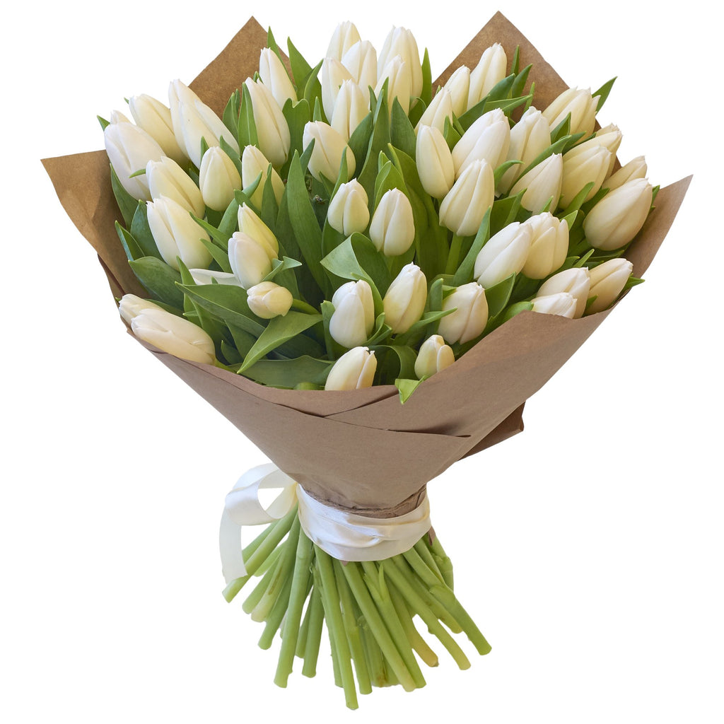 Beautiful Flower Bouquet of white Tulips The bouquet pictured is an extra large size. We deliver flowers throughout Dublin and Ireland. Please place your order by 1 pm for Same Day Flower Delivery Dublin or Next Day Flowers Delivery Ireland