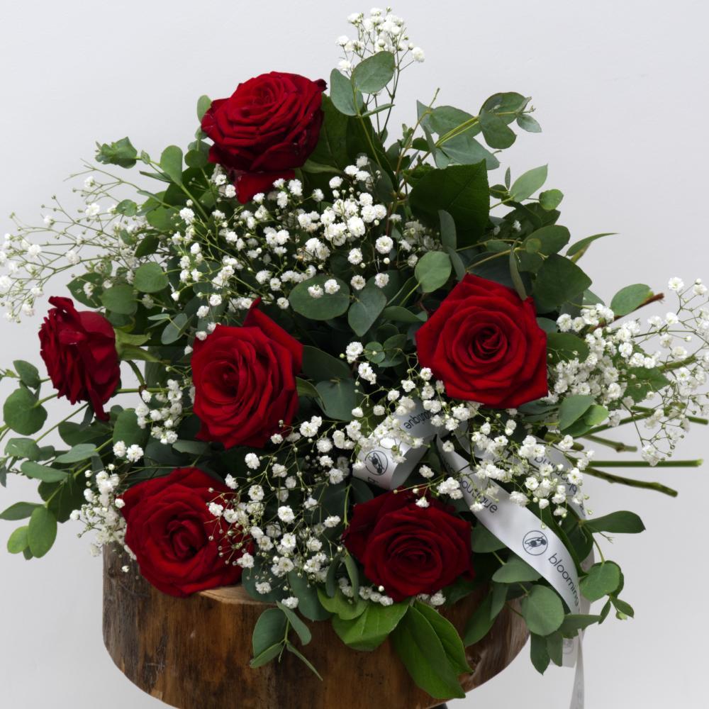 Stunning Six Red Roses Valentine's Bouquet with White Gypsophila. Gorgeous Valentine's Flowers are the Best Gift. We Deliver Flowers Throughout Dublin and Ireland. Please Place Your Order by 1 pm for Same Day Flower Delivery in Dublin or Next Day Flowers Delivery Ireland. Valentine's Flower Delivery Dublin