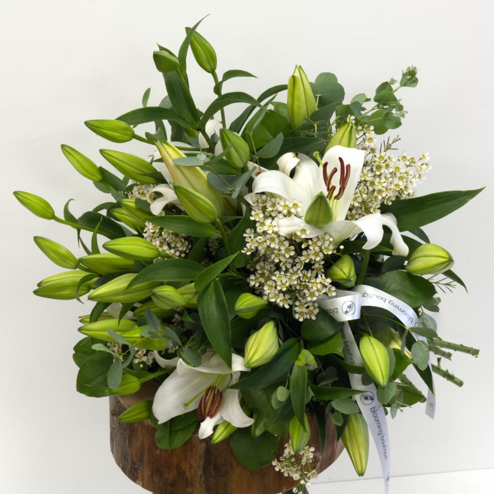 A gorgeous combination of pure white Lilies, Wax flowers, white Veronica, Tanacetum, and Eucalyptus is a delicate creation in favourite and elegant white shades. We deliver flowers throughout Dublin and Ireland. Please place your order by 1 pm for Same Day Flower Delivery Dublin or Next Day Flowers Delivery Ireland